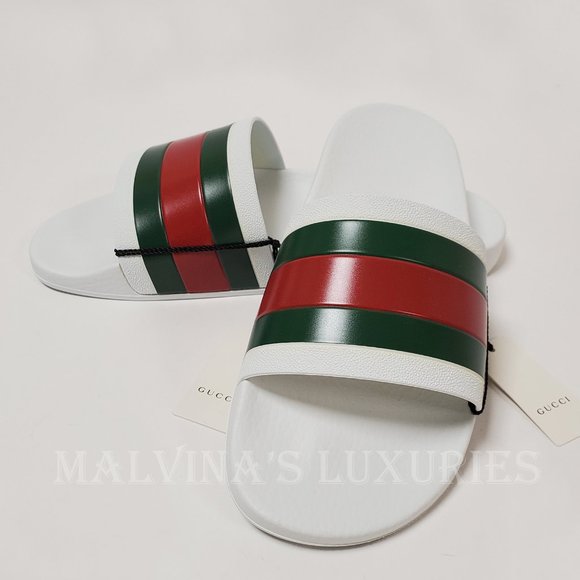 GUCCI SHOES MENS PURSUIT WHITE RUBBER SLIDE SANDAL w WEB DETAIL sz 9G 9.5 US - Picture 4 of 15